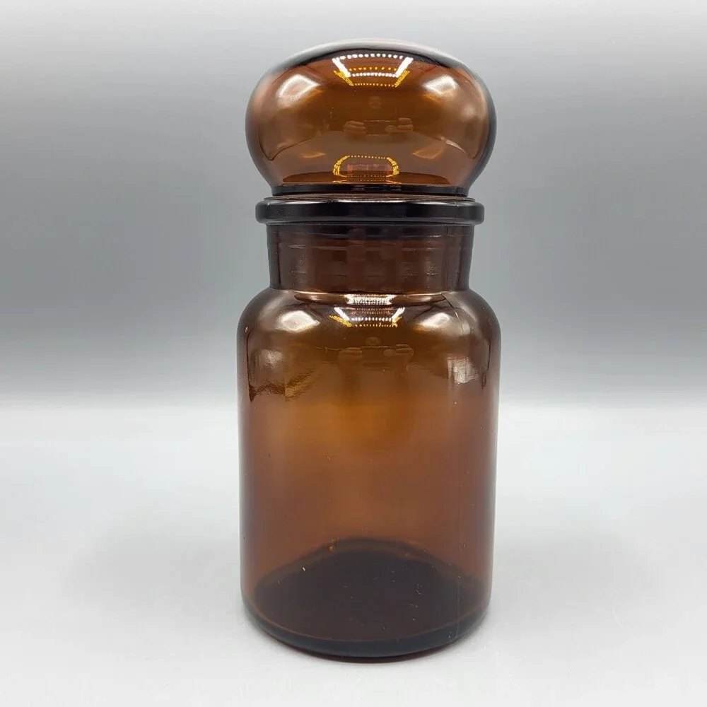 Vintage Amber Brown Glass Apothecary Jar With Bubble Lid Made In Belgium